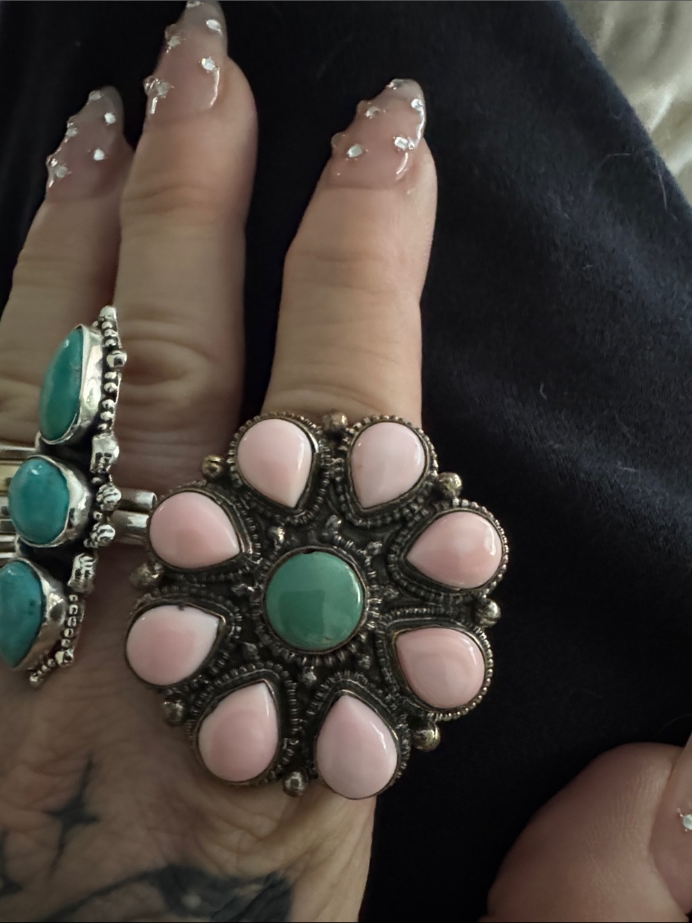 Pink conch and Navajo turquoise Flower Ring stainless steel